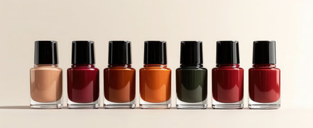 Frontal view of nail polish bottles standing on a pure white background, each filled with autumnal shades: deep burgundy, burnt orange, and forest greenの素材