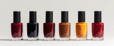 Frontal view of nail polish bottles standing on a pure white background, each filled with autumnal shades: deep burgundy, burnt orange, and forest greenの素材