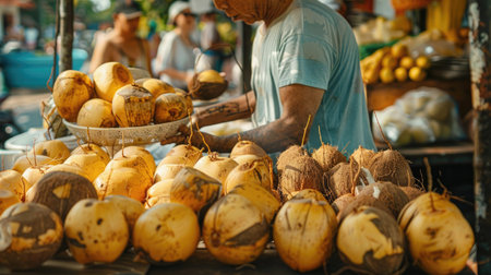 A vibrant marketplace scene, where vendors are selling fresh young coconuts to customers. One vendor opens a coconut with a machete, ready to serve the coconut water directly from the fruitの素材