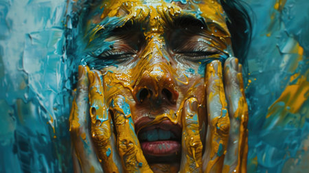 A narrative showing an artist, acclaimed for their masterpieces but hiding their face in shame, reflecting their internal battle with imposter syndrome despite external successの素材