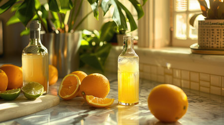 A glass bottle of freshly squeezed orange juice surrounded by oranges and limes on a sunny kitchen counter, evoking a refreshing summer morning.の素材