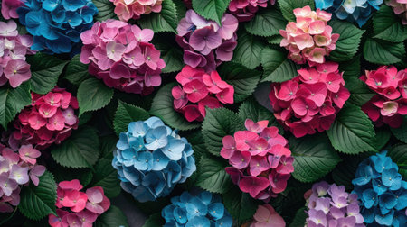 Beautiful colorful hydrangea flowers as background, top view.の素材