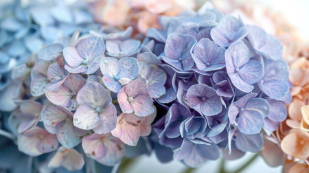 Beautiful blue and pink colorful hydrangea flowers as background, top view.の素材