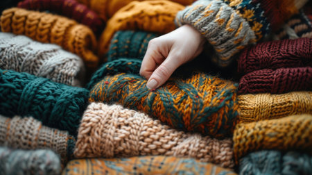 A crafter's hand picking through cozy, chunky knit fabrics in warm shades of rust, mustard, and forest green, evoking a sense of comfort and warmth for winter creations .の素材