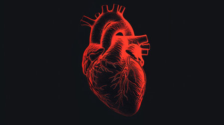 A bold graphic of a red heart silhouette against a black backdrop, designed to evoke a deep understanding of heart health and the ongoing battle against cardiovascular conditions.の素材