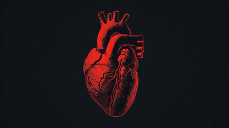 A bold graphic of a red heart silhouette against a black backdrop, designed to evoke a deep understanding of heart health and the ongoing battle against cardiovascular conditions.の素材