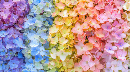 Beautiful colorful rainbow hydrangea flowers as background, top view.の素材