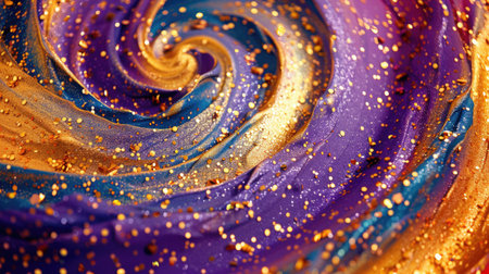 Abstract swirls in Mardi Gras colors with sparkling confetti, creating a dynamic and festive background.の素材