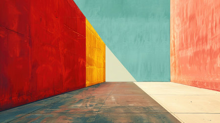A minimalist architectural structure with a bold red facade and a blue sky backdrop creates a striking geometric gateway.の素材