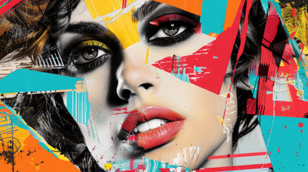 Pop Art Collage. A woman's face artfully integrated into a retro trendy paper collage composition. Modern art with a nod to vintage aesthetics, blending bold colors, textures, and patternsの素材