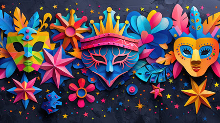 Bright and colorful paper cut style design featuring Purim symbols like crowns, masks, and stars .の素材