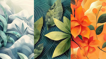 Abstract botanical patterns blending organic shapes with geometric precision, creating a modern take on nature-inspired design.の素材