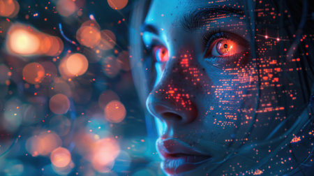 An ethereal portrayal of a human visage intertwined with a matrix of digital data points, symbolizing the awakening of artificial intelligence.の素材