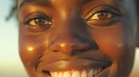 A close-up portrait captures the radiant smile and captivating eyes of a woman with sun-kissed skin and delicate frecklesの素材