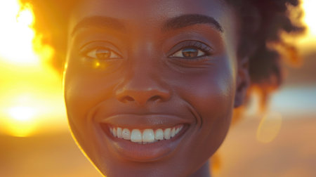 A close-up portrait captures the radiant smile and captivating eyes of a woman with sun-kissed skin and delicate frecklesの素材