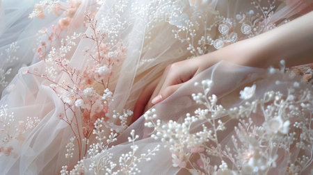 An artist's hand examining delicate tulle and lace in soft pink, white, and cream, choosing materials for elegant bridal wear and romantic couture pieces.の素材