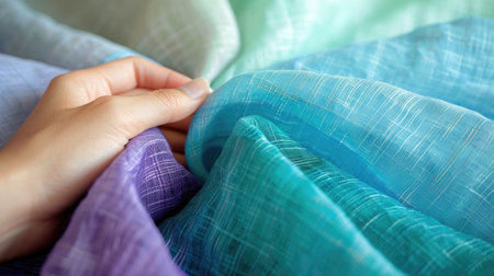 Close-up of a hand brushing over soft, pastel cotton fabrics in shades of baby blue, mint green, and lavender, symbolizing gentle inspiration for home decor sewing project.の素材
