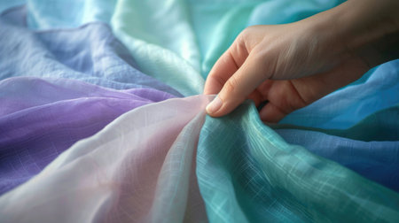 Close-up of a hand brushing over soft, pastel cotton fabrics in shades of baby blue, mint green, and lavender, symbolizing gentle inspiration for home decor sewing project.の素材