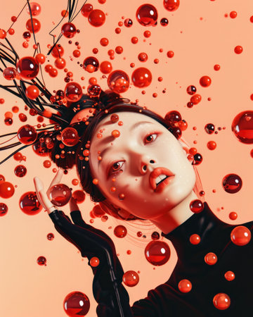 Creative and surreal portrait Asian girl with lollipop candies on a bright minimalist backgroundの素材
