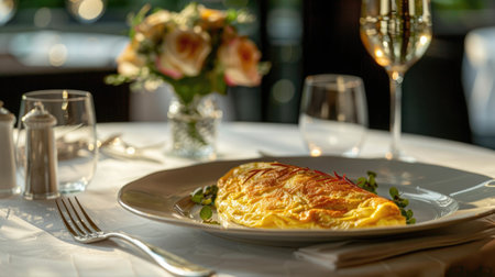 Exquisite serving of omelette for breakfast in a luxury restaurant. The table for two is elegantly set with crystal glasses, silverware and a small vase of fresh flowersの素材