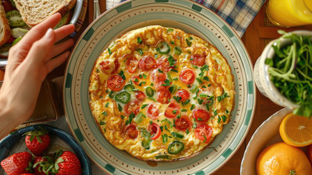 cozy home breakfast scene with an omelet with vegetables served on a colorful ceramic plate, surrounded by a casual array of breakfast items like toast, orange juice, and fresh fruitsの素材