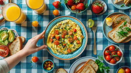 cozy home breakfast scene with an omelet with vegetables served on a colorful ceramic plate, surrounded by a casual array of breakfast items like toast, orange juice, and fresh fruitsの素材