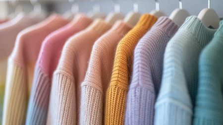 Close-up view of a variety of colorful youth cashmere sweaters and hoodies on a clothes rack, highlighting the detailed textures and candy pastel colorsの素材