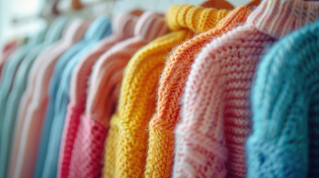Close-up view of a variety of colorful youth cashmere sweaters and hoodies on a clothes rack, highlighting the detailed textures and candy pastel colorsの素材