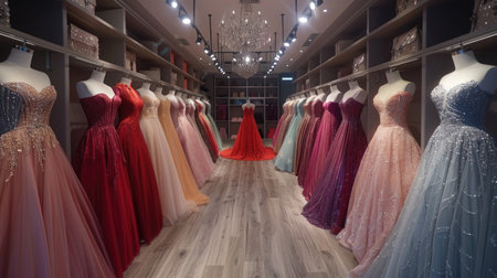 A sophisticated dress rental boutique offering a curated selection of elegant formal attire, including colorful wedding dresses, evening gowns, and prom dressesの素材