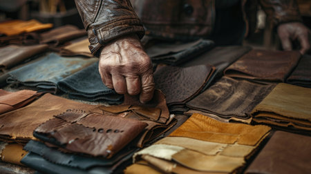 A tailor's hand running through luxurious leather materials in rich shades of chocolate brown, tan, and black, selecting the finest pieces for high-end, custom-made leather goods.の素材