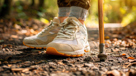 A pair of sneakers and a cane, on a park, path symbolize the importance of exercise and mobility for Parkinson's patients on World Parkinson's Dayの素材
