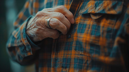 A close-up of a hand struggling to button a shirt, illustrating the daily challenges faced by those with Parkinson's disease for World Parkinson's Day.の素材