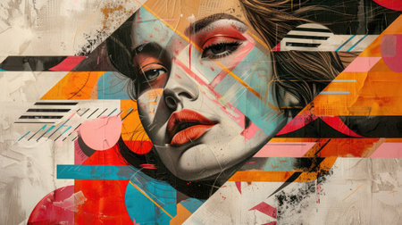 Pop Art Collage. A woman's face artfully integrated into a retro trendy paper collage composition. Modern art with a nod to vintage aesthetics, blending bold colors, textures, and patternsの素材
