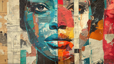 Pop Art Collage. A woman's face artfully integrated into a retro trendy paper collage composition. Modern art with a nod to vintage aesthetics, blending bold colors, textures, and patternsの素材