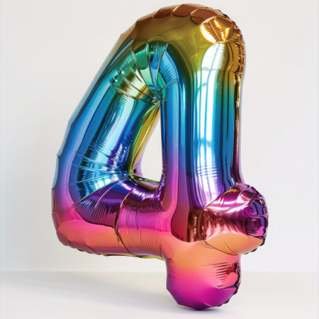 A glossy, inflatable number 4 with a reflective surface. The vibrant colors and material shine, emphasizing its volume and three-dimensional appearance.の素材