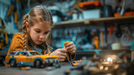 A girl fixing a toy car with a screwdriver, focused and determined, in a workshop setting.の素材