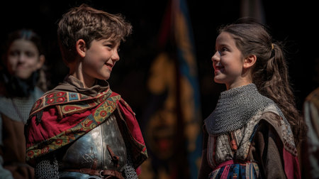 A boy and a girl swapping traditional gender roles in a school play, with the girl playing the knight and the boy playing the damsel in distress.の素材