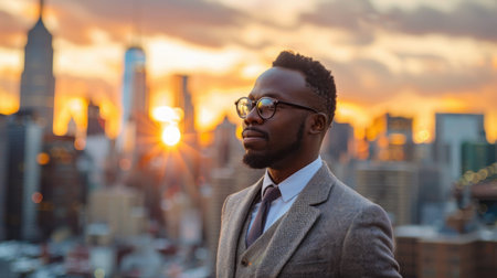 A mid-career professional contemplating a career change with city skyline in the background .の素材