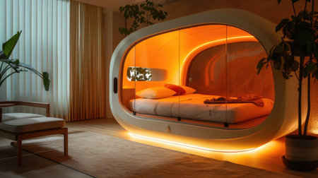 A personal space designed for mental escape, featuring mood-enhancing lighting, ambient soundscapes, and aromatherapy, controlled via smartphone.の素材