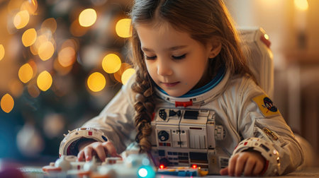 A young girl dressed as an astronaut playing with toys that break gender stereotypes .の素材