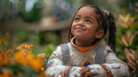 A young girl dressed as an astronaut playing with toys that break gender stereotypes .の素材