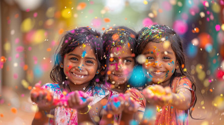 Children playing with colorful powders, reminiscent of the joy and vibrancy of the Ugadi celebration.の素材