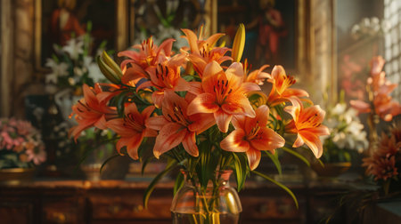 Close-up of lilies, the flower associated with Saint Joseph, arranged in a traditional vase for the feast day .の素材