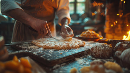 Close-up of chef's hands preparing Sfingi, traditional sweet for Saint Joseph's Day, in rustic kitchen with warm lighting .の素材