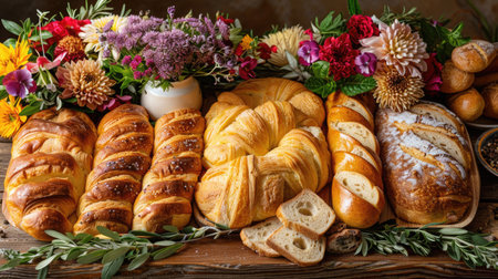 Platter of Italian pastries and breads for Saint Joseph's Day, adorned with fresh flowers and Joseph's staff symbols.の素材