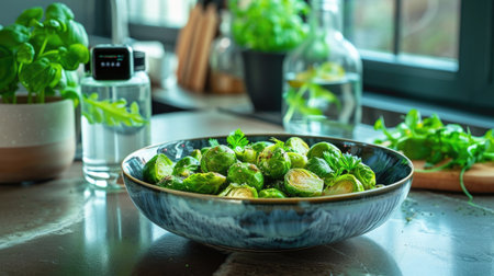 A modern, minimalist kitchen scene with a bowl of steamed Brussels sprouts in the center, a fitness tracker and a glass of infused water on the side, emphasizing a health-conscious lifestyle.の素材