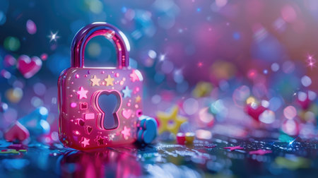 Digital padlock unlocks, releasing joyful icons on a computer desktop, symbolizing secure access to the digital world.の素材