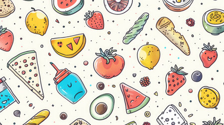 A whimsical, hand-drawn nutrition diary with food doodles and mood icons, marked by colorful bookmarks symbolizing emotions.の素材