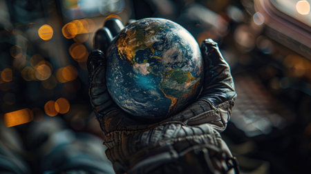 A close-up of an astronaut's gloved hand holding a small, delicate model of the Earth against the backdrop of a spacecraft's window, showing the vastness of space beyondの素材
