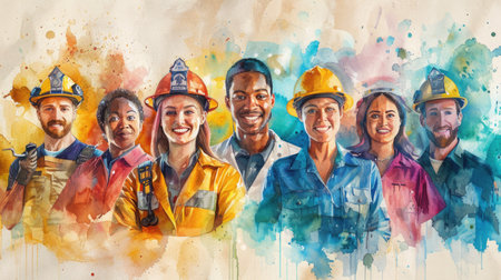 Labor Day. Watercolor illustration of a diverse group of workers from various professionsの素材
